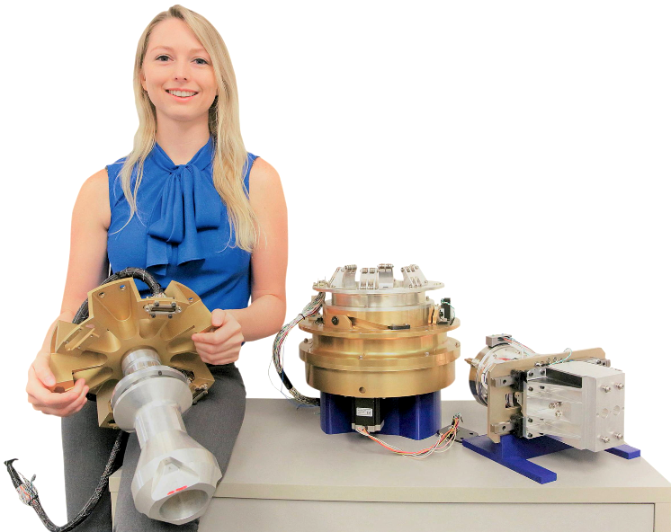 Megan Smith with robotic mechanisms designed for NASA's CIRAS in-space assembly program